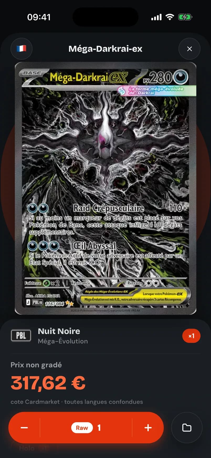 La fiche d’une carte dans Mintdex : visuel, cote Cardmarket et ajout à la collection